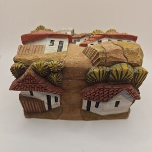 Vintage Hand Carved Wood Trinket Box Hinged Honduras House Trees Village Signed
